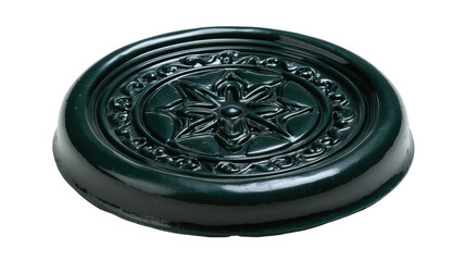 Round dark green wax seal featuring an embossed star like symbol at its center, surrounded by ornate floral patterns, presented on a transparent background