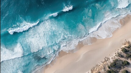 Aerial view of turquoise coastline with white sand and abstract waves - Nature's serene beauty from above