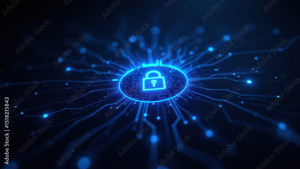 Poster a digital illustration showing a lock icon surrounded by blue lighted circuitry, representing cybers
