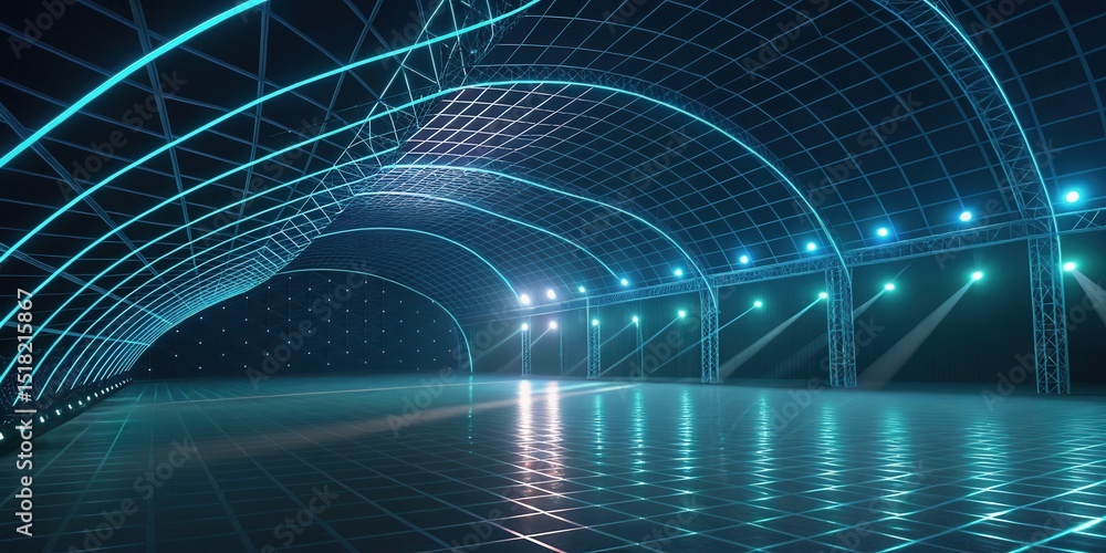 Poster A futuristic, illuminated empty hall with arched ceilings and glowing grid patterns in blue tones.