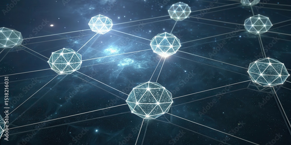 Poster futuristic glowing geometric spheres are interconnected in a digital network against a cosmic space 