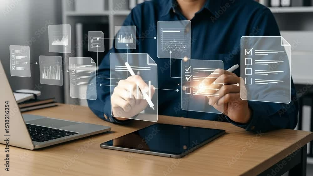 Poster man interacting with digital documents and charts on a desk with laptop and tablet nearby
