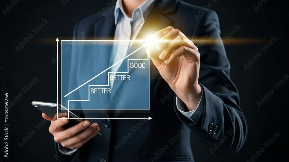 Poster businessman drawing a growth chart with steps labeled better and good on a transparent screen
