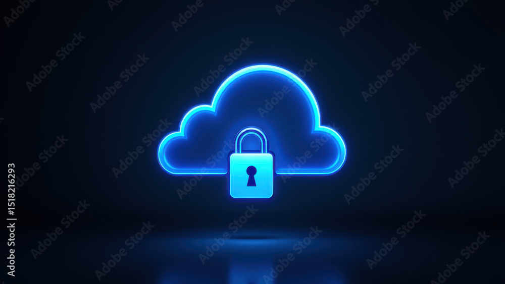 Poster blue neon cloud with a lock symbol on a dark background, representing secure cloud computing or data