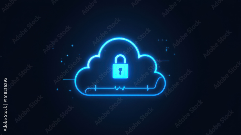 Poster cloud-based secure digital lock with glowing accents.