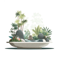 Serene garden scene featuring calming layout with various plants, rocks, and small water feature. This tranquil setting evokes sense of peace and relaxation, perfect for meditation