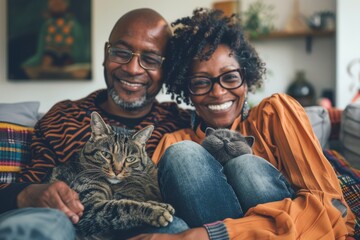 Portrait of a cheerful multicultural couple in their 40s relaxing with their cat on the sofa