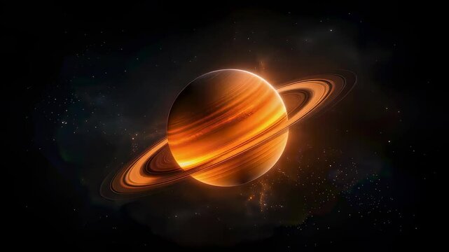 Realistic orange planet with rings in looping space scene.
