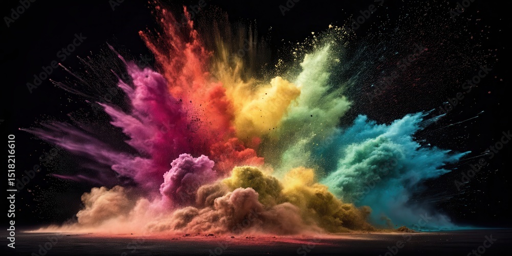 Aufkleber Vibrant clouds of colorful powder explode against a black background, creating a dynamic and energetic visual effect.