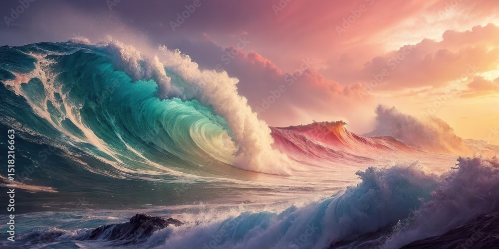 Poster vivid ocean waves crash under a colorful sky at sunset, creating a dramatic and mesmerizing seascape
