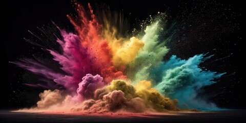 Vibrant clouds of colorful powder explode against a black background, creating a dynamic and energetic visual effect.