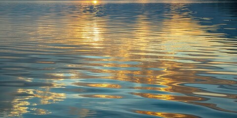 Golden sunlight reflects on gentle ripples across a calm water surface at sunset.