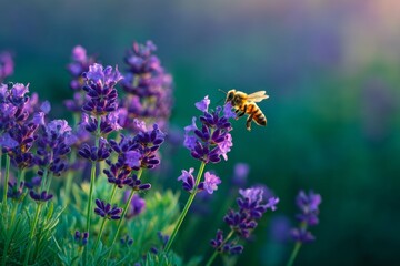 Close up view of bee collecting bright pollen on lavender flowers in glowing morning light natural macro environment