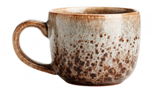 Brown ceramic mug with rustic glaze finish isolated on transparent background, perfect for showcasing your designs or adding a touch of handmade charm to your projects