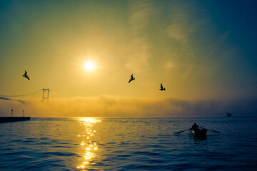 Foggy and Misty scene of Bosphorus Bridge. Bridge over the Bosphorus in Istanbul. View from the...