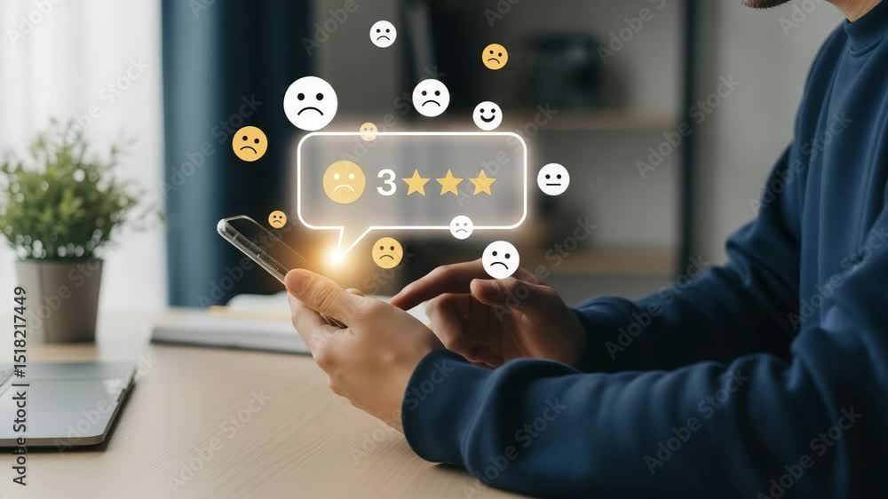 Poster person using smartphone with feedback interface showing three stars and various facial expressions