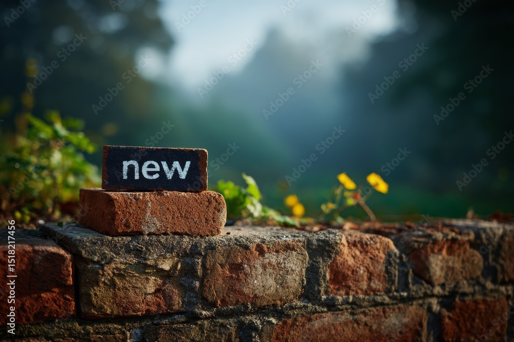 Poster shadowed brick wall with highlighted new brick symbolizing life change journey with empty copy space