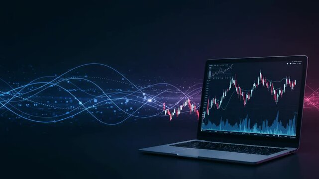 Laptop displaying a statistical financial chart with candlestick data. Business data analysis for trading and investment. Global network and digital economy concept for financial technology footage.