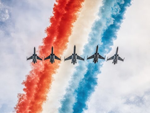 Five fighter jets fly in formation, trailing red, white, and blue smoke against a cloudy sky during an aerial display.