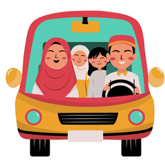 Happy Muslim Family Road Trip Illustration