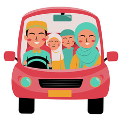 Happy Muslim Family Road Trip Illustration