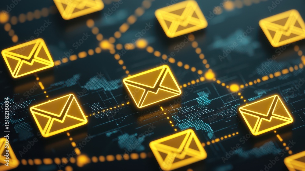 Poster glowing digital envelope icons connected by lines, symbolizing email communication and global networ