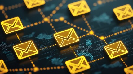 Glowing digital envelope icons connected by lines, symbolizing email communication and global network technology.