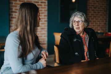A senior woman engaging in a warm discussion with a younger woman in a casual cafe setting,...