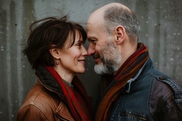 Portrait of a joyful couple in their 40s standing face to face having intimate romantic moment
