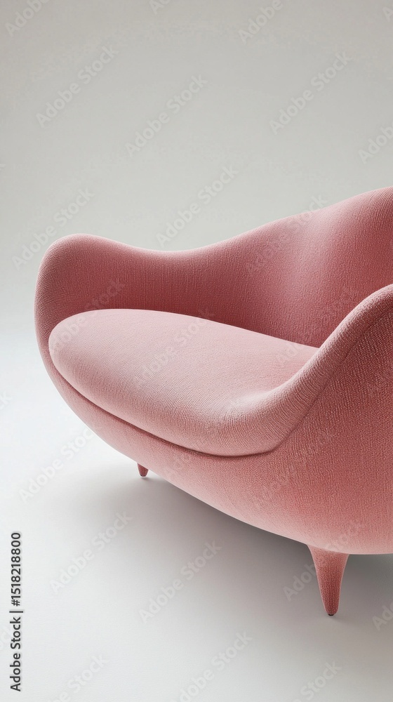 Poster A soft pink sofa rests in a minimalistic space, featuring elegant curves and a smooth, inviting texture. The design emphasizes comfort and contemporary style, ideal for a cozy living area or lounge
