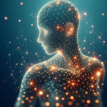 Futuristic Minimalist Fractal Reamls Technology sci-fi attice AI Avatar robot of Synthetic Thought interconnected nodes 