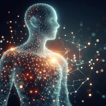 Futuristic Minimalist Fractal Reamls Technology sci-fi attice AI Avatar robot of Synthetic Thought interconnected nodes 