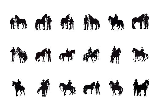 Black And White Cowboy Silhouette Western Rodeo Icons Set