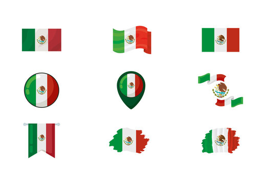 Colorful Mexican Flag Mexico Traditional Culture Illustrations Set
