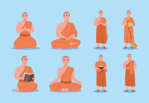 Orange Buddhist Monk Religion Character Illustrations Set