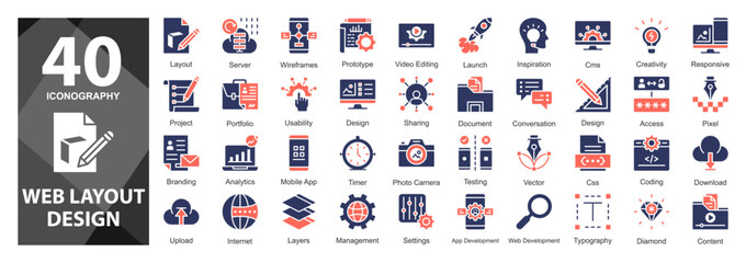 A bold glyph duotone icon set focusing on wireframes and UI structure, perfect for early-stage planning in web and app design projects.     