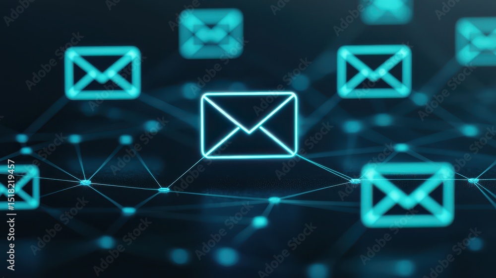 Aufkleber digital neon envelopes representing email communication and network connectivity on a dark backgroun