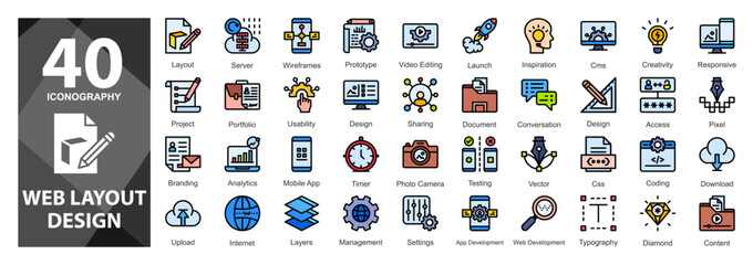 A flatline icon set illustrating clean interface blocks and layout structures for responsive, intuitive, and creative web design.           