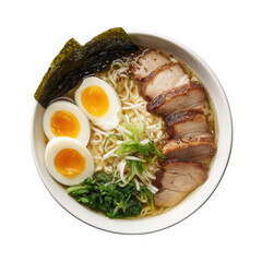 Hot ramen with soft boiled egg, sliced pork, seaweed, green onion, and spinach in white bowl, creating comforting and appetizing Japanese noodle soup, isolated​ on​ transparent​