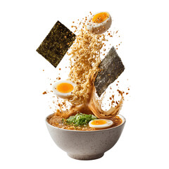 Spicy miso ramen with floating noodles, soft boiled egg, seaweed, and green onion in ceramic bowl, dynamic splash, delicious and energetic food concept, transparent​background​