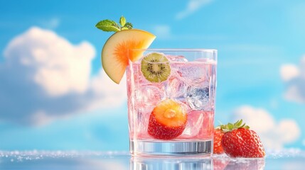 Refreshing cold drink with fruit garnish and sky reflections in the glass