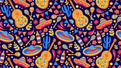 Naklejka premium Traditional Hispanic Heritage Festival Vector Seamless Pattern in Alebrije Style. Hand Drawn Guitar, Maracas, Sombrero National Symbols. Colorful Modern Festival Party Wallpaper, Fabric Textile Design