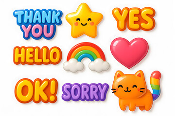 Messages of Emotion: A vector image of colorful word art displaying "thank you" "hello" "ok" "sorry" "yes", alongside expressive emoji of a smiling star, a rainbow, a heart and a cat. 