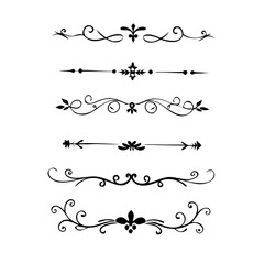 Text dividers doodle set. Wedding decorative elements. Divider ornament, borders, vintage line separators. Hand drawn vector illustration isolated on white background