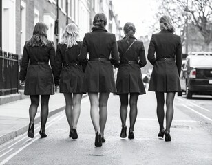 1960s, stylish young English ladies modelling in a minidress in the street in the UK, AI generated
