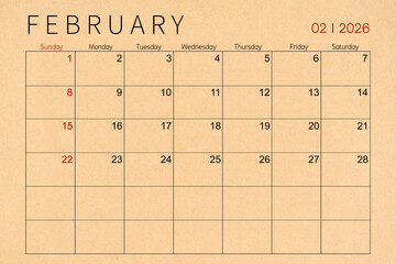 February craft brown paper calendar page for 2026 year.
