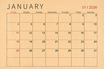 January craft brown paper calendar page for 2026 year.