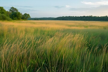 Fototapeta premium Empty golden field with tall grass glowing under sunset, peaceful countryside scene, warm summer tones.