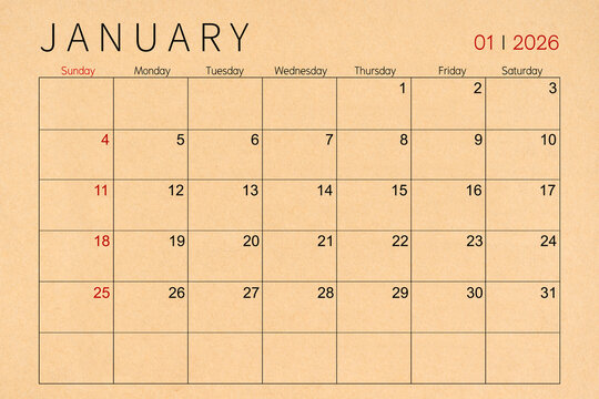 January craft brown paper calendar page for 2026 year.