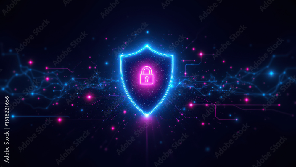 Poster cybersecurity graphic with a glowing lock symbol set against a network of colorful digital particles